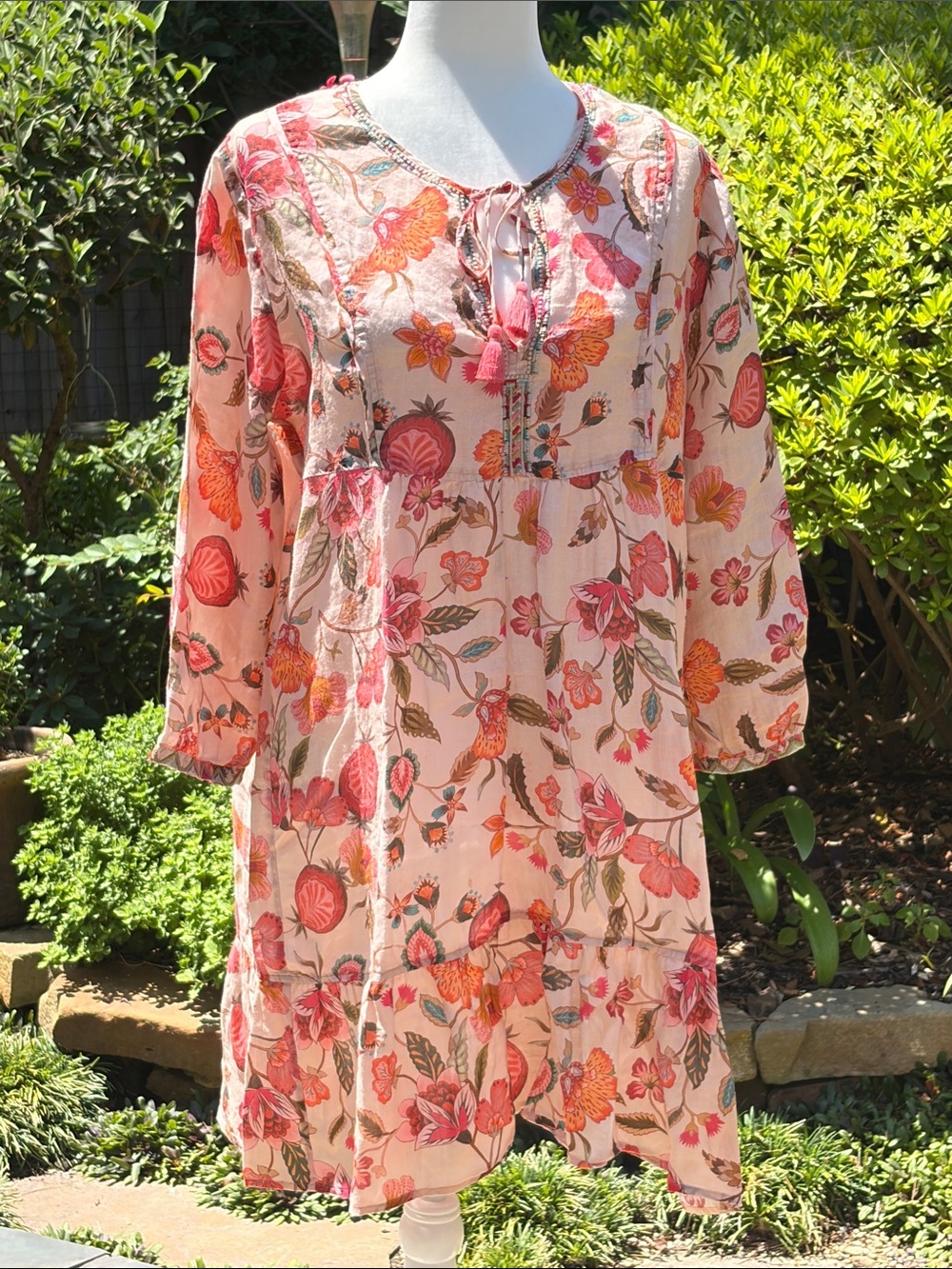 JOHNNY WAS Floral Peach Boho Tunic Dress with Tie Neck